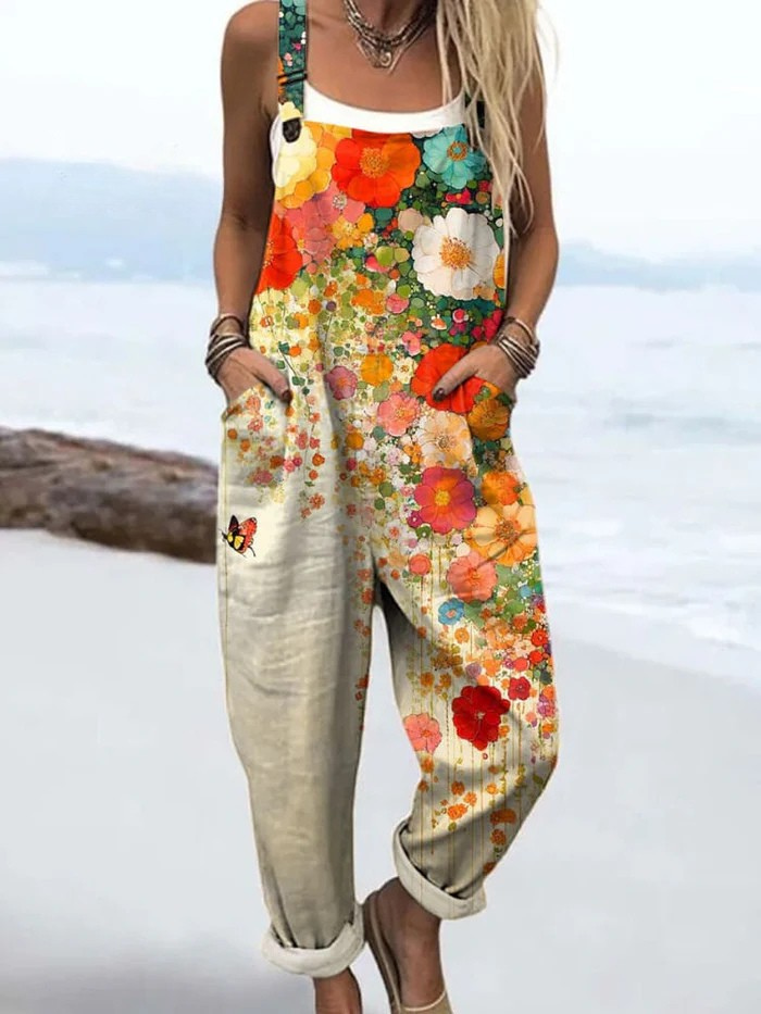 Women's casual sleeveless floral print jumpsuit, perfect for summer, beach, or vacation. Relaxed fit, comfortable boho style.
