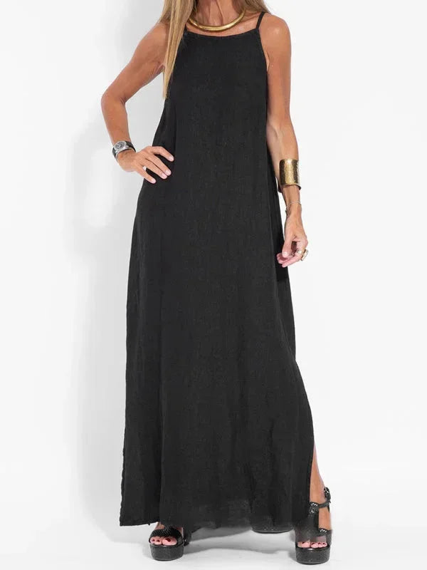 Breezy women's sleeveless long dress with a side slit, perfect for summer and travel.