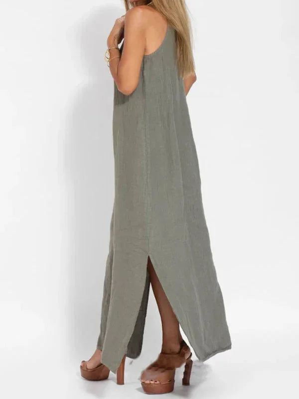 Comfortable women's sleeveless maxi dress with side slit, great for everyday casual style.