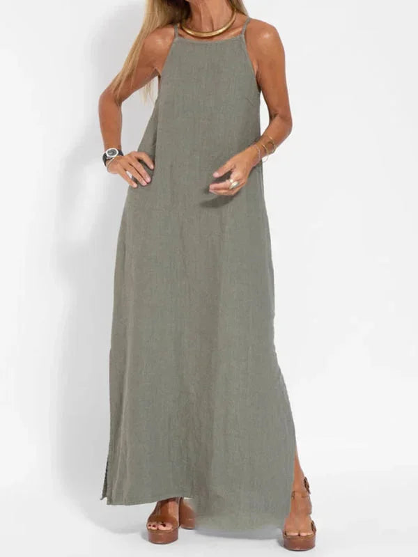 Relaxed sleeveless maxi dress for women, perfect beach cover-up or vacation outfit.