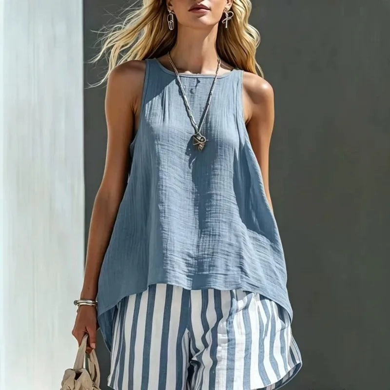 Women's casual sleeveless tank & striped shorts set. Perfect for summer, vacation, or beach wear. Relaxed fit comfort.
