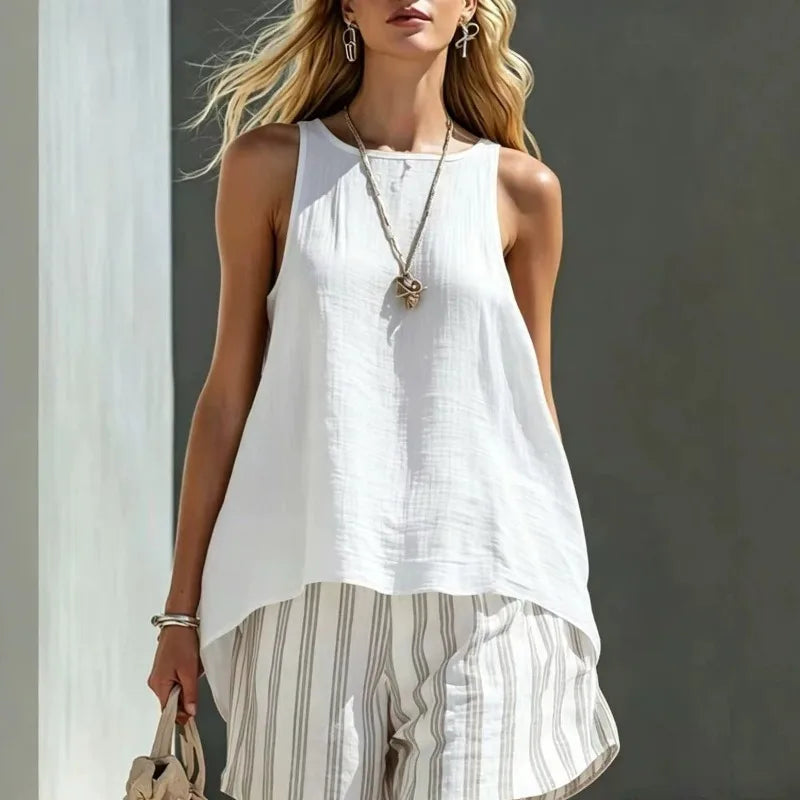 Women's sleeveless tank & striped shorts. Casual two-piece summer outfit, perfect for beach, vacation, and everyday.