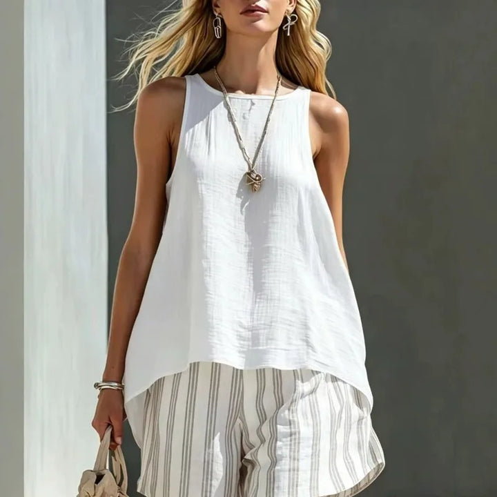 Women's sleeveless tank & striped shorts. Casual two-piece summer outfit, perfect for beach, vacation, and everyday.