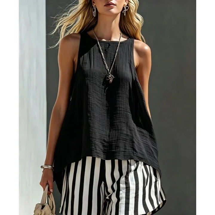 Lightweight women's tank and striped shorts set. Enjoy casual comfort for summer, beach, vacation, or daily wear.