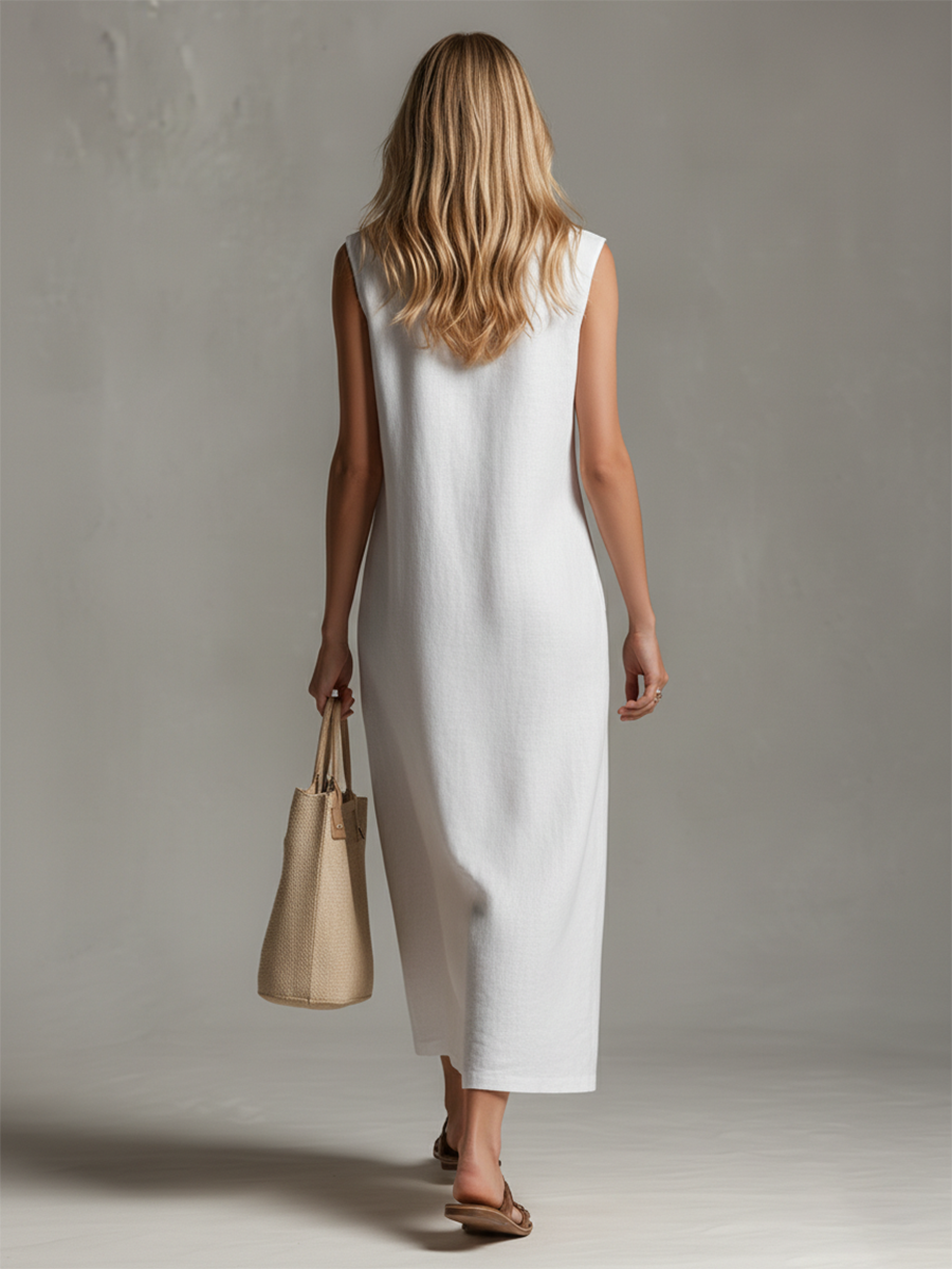 Elegant women's sleeveless midi dress. Features a stylish stand collar & zipper, offering comfort for casual spring fashion.