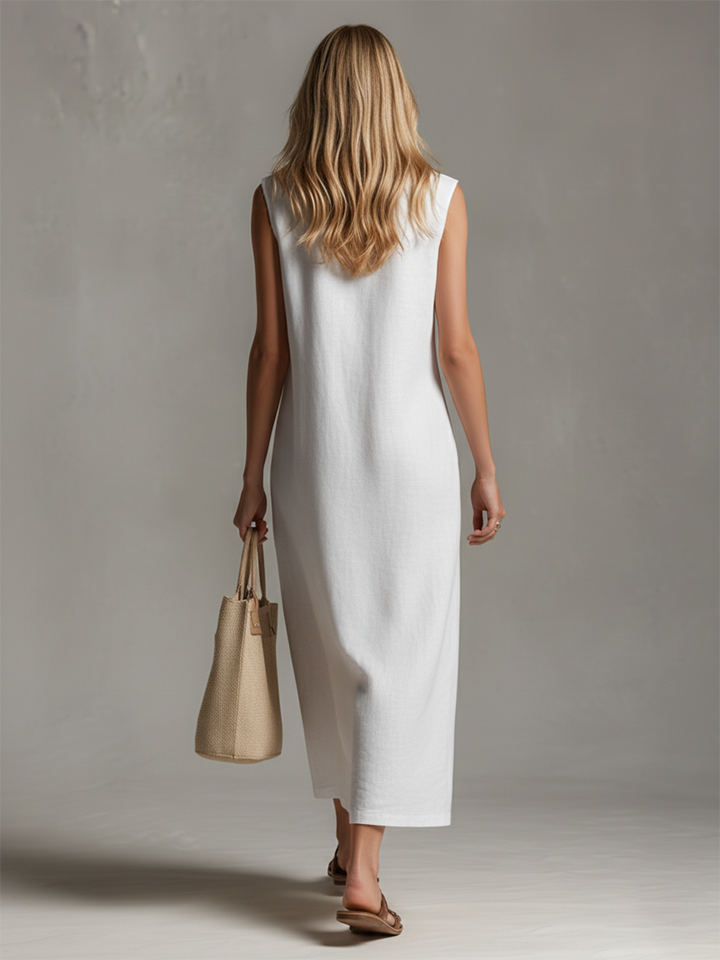 Elegant women's sleeveless midi dress. Features a stylish stand collar & zipper, offering comfort for casual spring fashion.