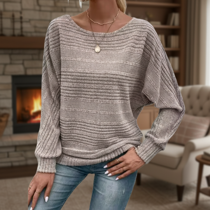 Women's casual striped knit sweater in autumn colors, long sleeve pullover