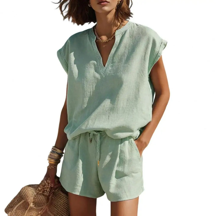 Linen-look women's matching set: notch V-neck short-sleeve top and elastic waist drawstring shorts for summer.
