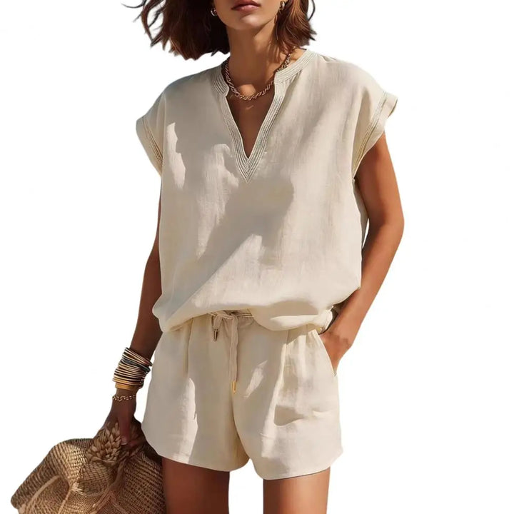 Lightweight linen-look women's summer co-ord set: short-sleeve V-neck top & adjustable drawstring shorts.