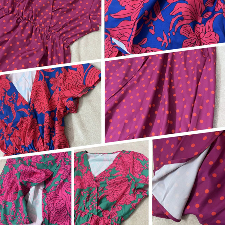 Elegant women's summer dress, V-neck, and stylish puff sleeves, suitable for casual wear.