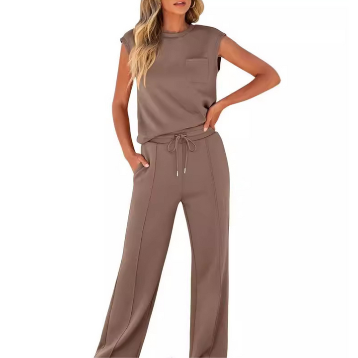 Soft fabric women's summer lounge set with a relaxed fit. Comfortable two-piece outfit for casual everyday wear.