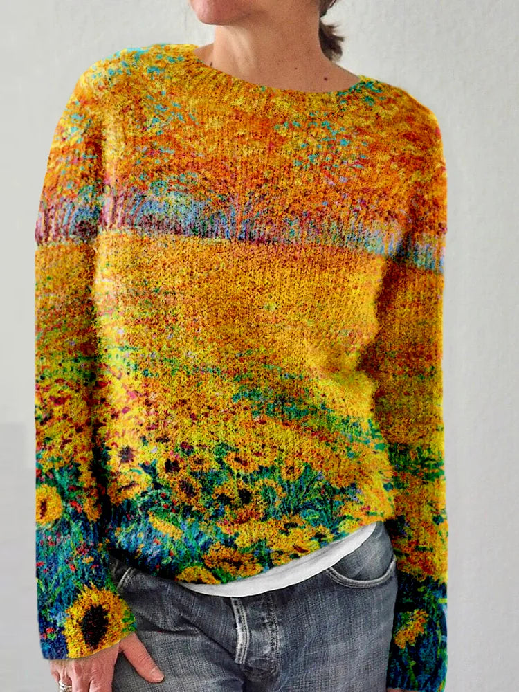 Women's casual sunflower art sweater, soft and comfortable for everyday wear with vibrant sunflower print