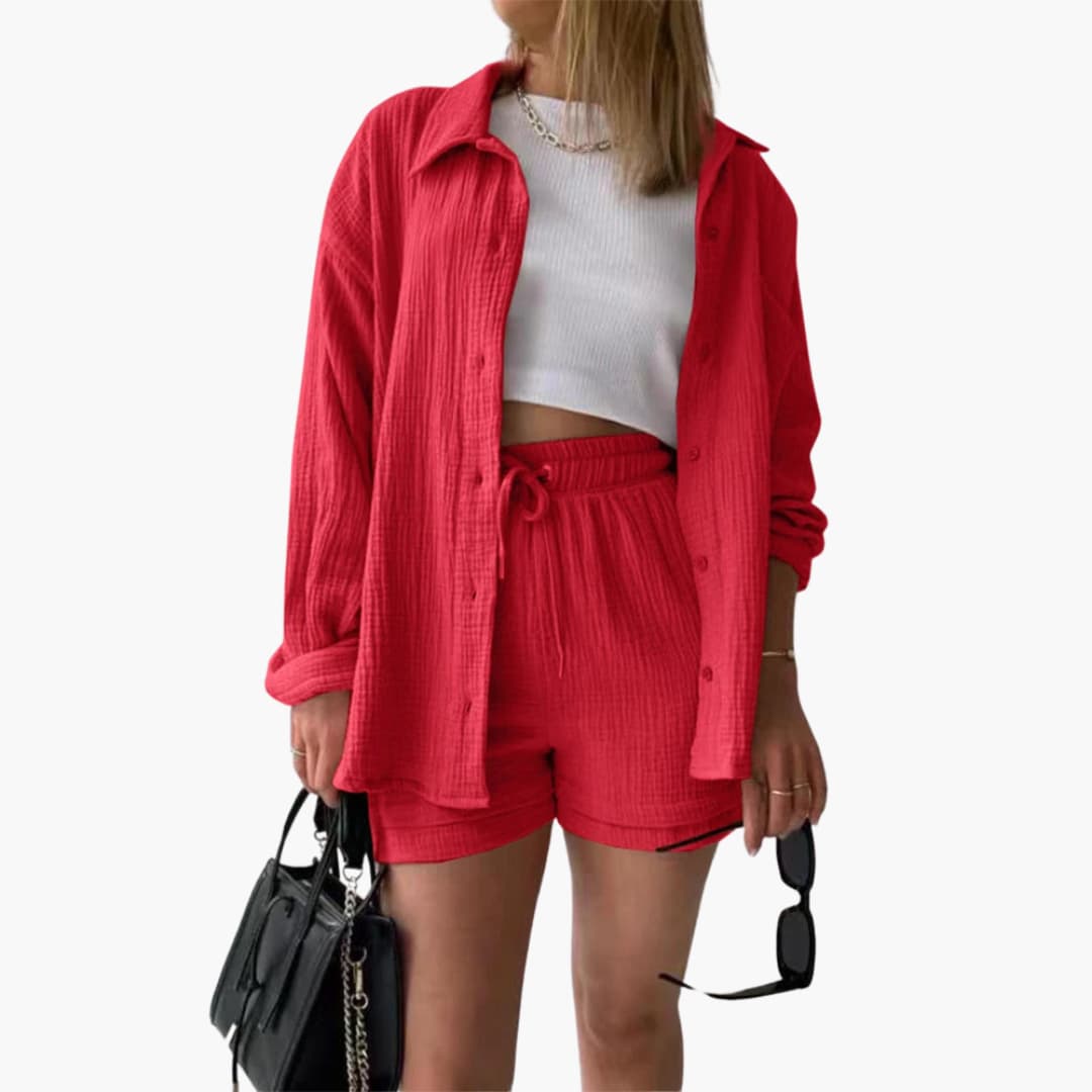 Model wearing women's casual two-piece set in lightweight, breathable fabric.