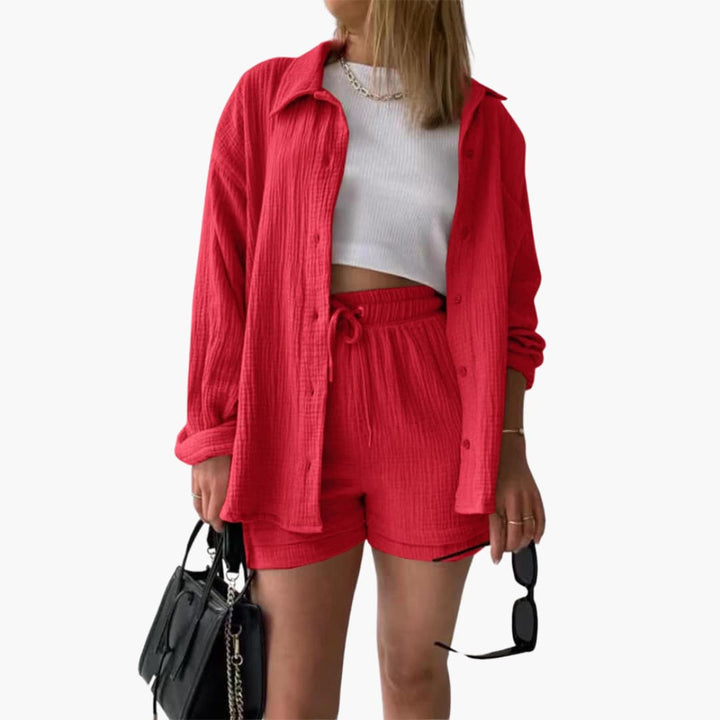 Model wearing women's casual two-piece set in lightweight, breathable fabric.