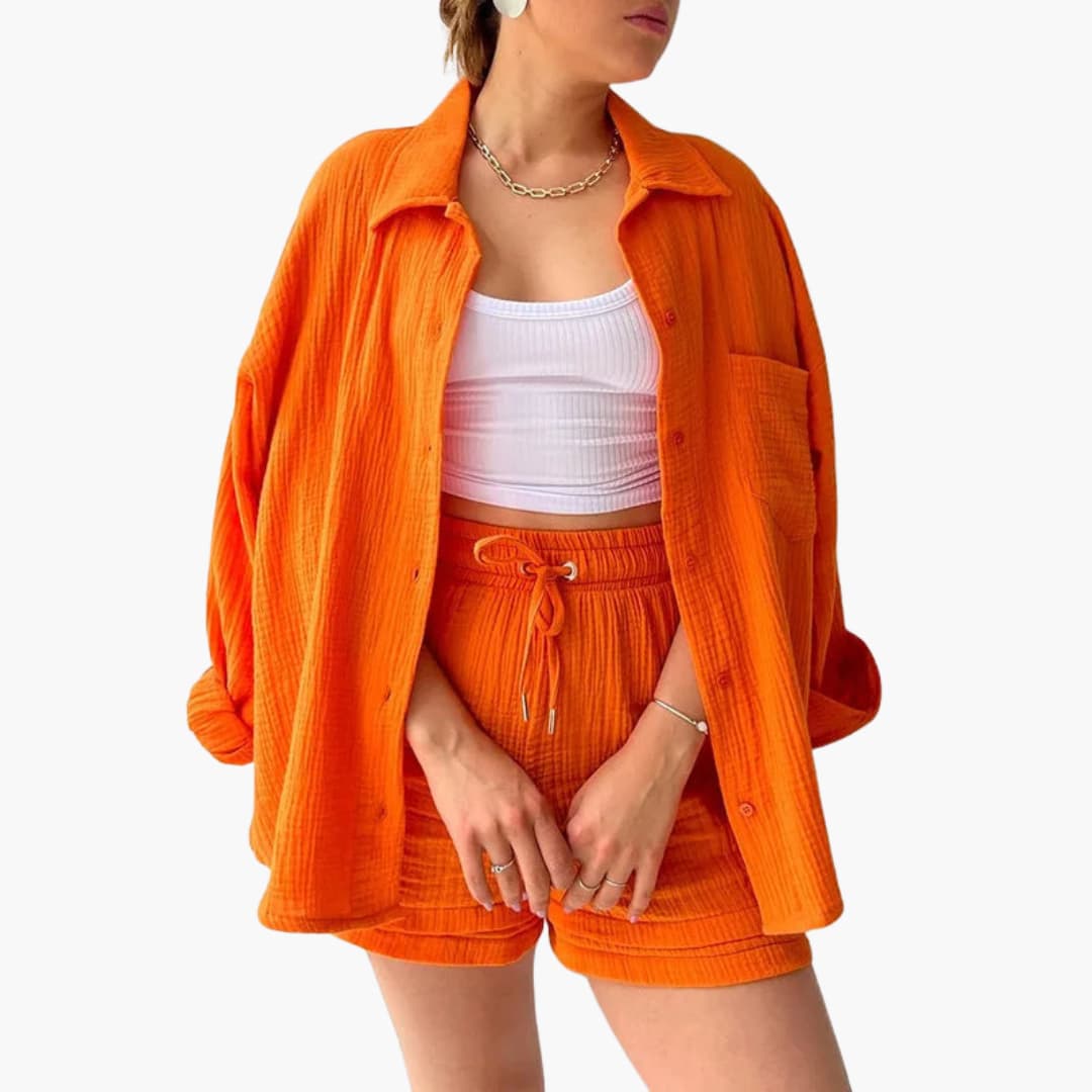 Women's relaxed fit two-piece outfit, perfect for comfortable summer days.