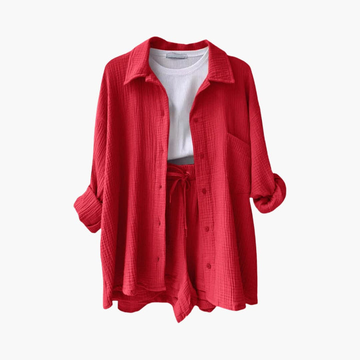 Relaxed fit women's two-piece outfit, designed for resort wear and comfort.