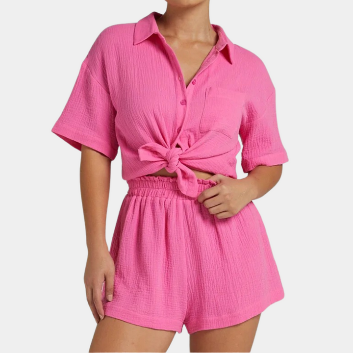 Women's casual two-piece summer loungewear set with short sleeves, loose fit for ultimate comfort