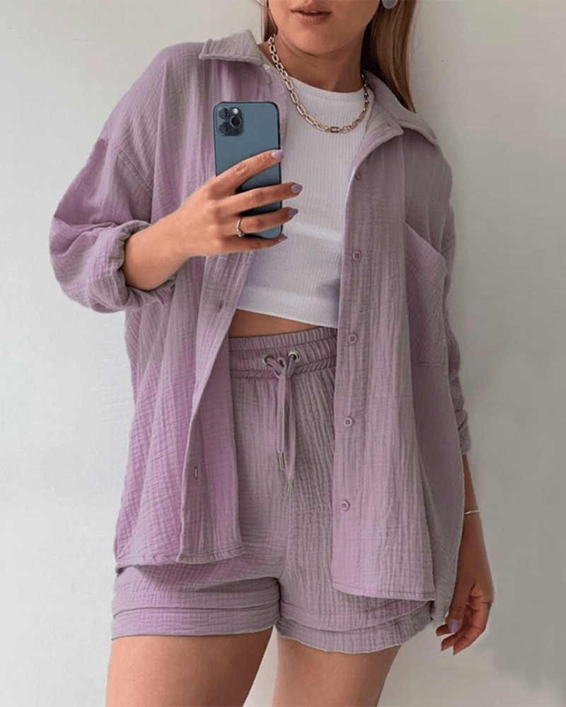 Stylish women's summer matching set: long-sleeve shirt and comfortable trousers for loungewear