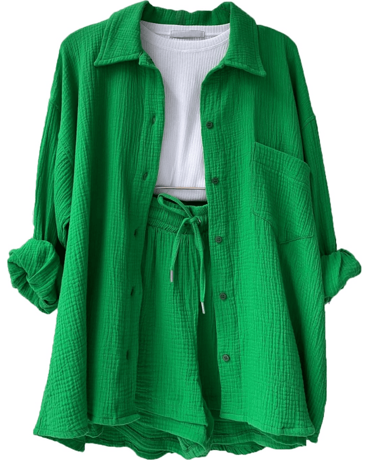 Women's summer loungewear two-piece: breathable fabric shirt and wide-leg pants
