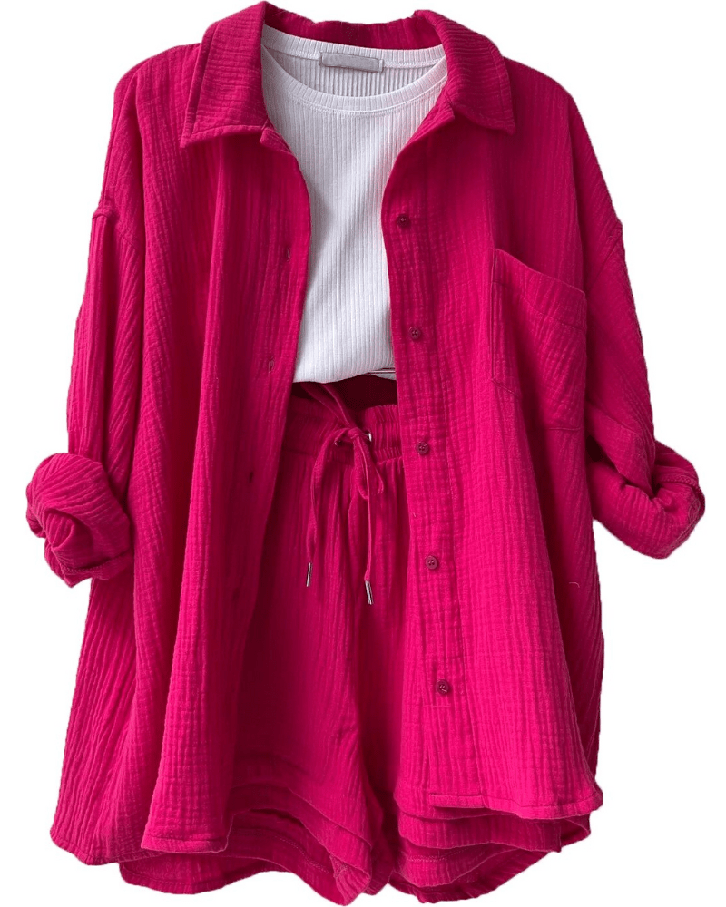Complete women's summer outfit: button-up shirt and matching pants, great for casual occasions