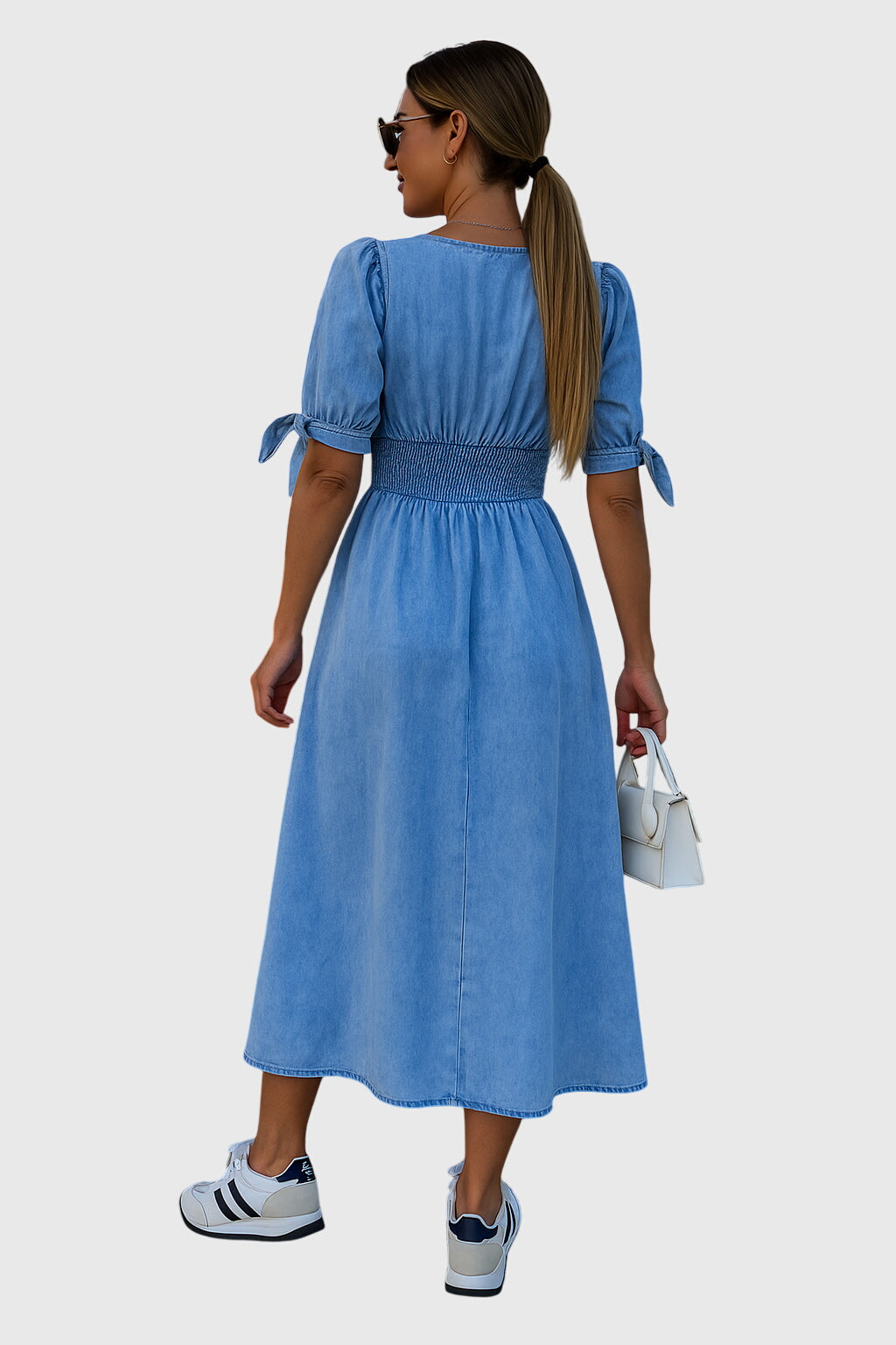 Elegant women's midi dress featuring a V-neck, full button front, and chic tie sleeves for everyday wear.