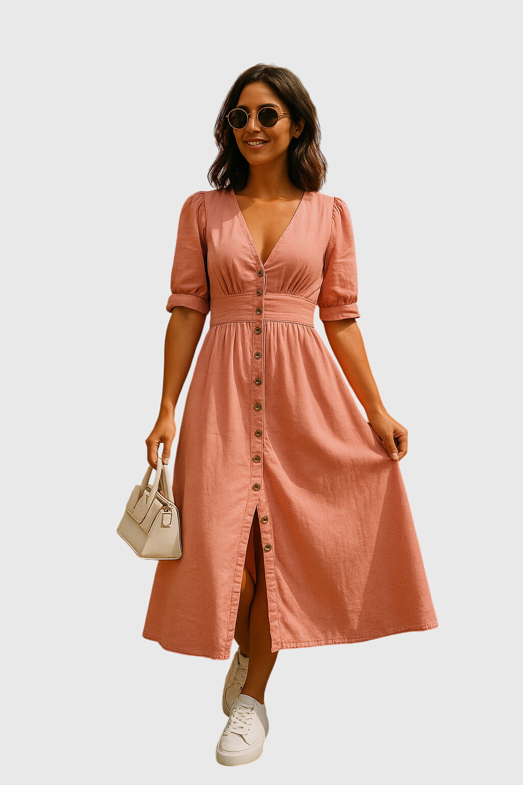 Ladies' versatile V-neck button front midi dress with tie sleeves, ideal for casual spring and summer style.