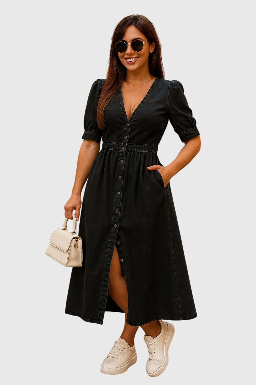 Fashionable women's V-neck midi dress with button front and tie sleeves, a comfortable and elegant design.