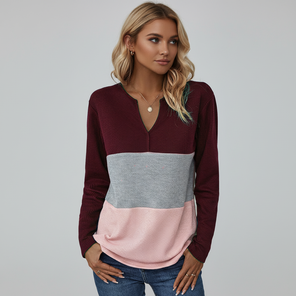 Long sleeve cotton blend V-neck sweater, women's, in a versatile color block pattern