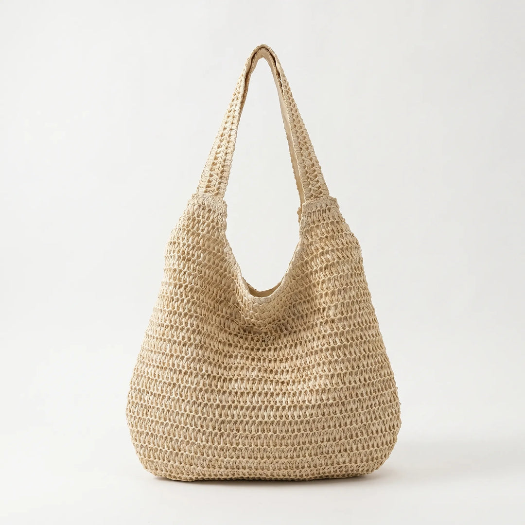 Lightweight woven travel tote bag for women, comfortable shoulder carry for daily errands or trips.