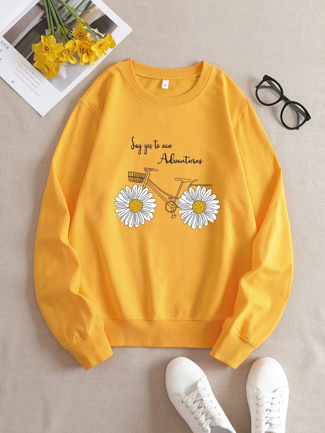 Women's casual yellow sweatshirt with a unique, humorous graphic print. Perfect for cozy everyday comfort.