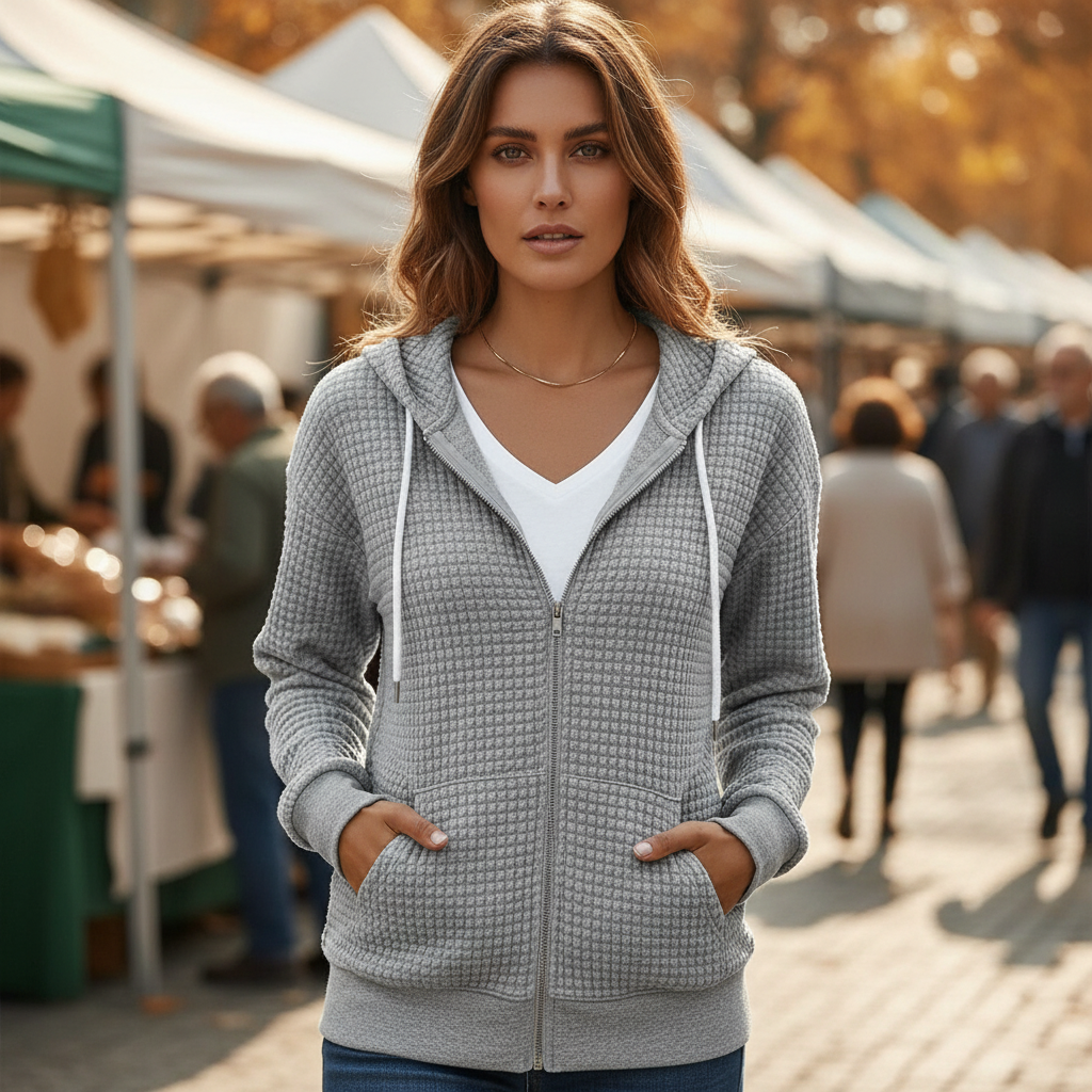 Women's casual zip-up jacket in cotton blend with drawstring, 'Claudia' style, perfect for spring outerwear