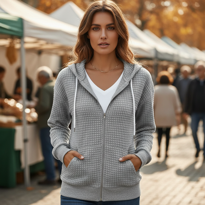 Women's casual zip-up jacket in cotton blend with drawstring, 'Claudia' style, perfect for spring outerwear
