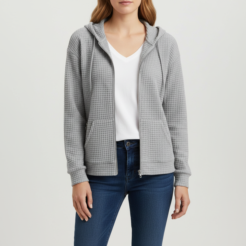 Close-up of women's 'Claudia' casual zip-up jacket, showcasing drawstring detail and cotton blend fabric