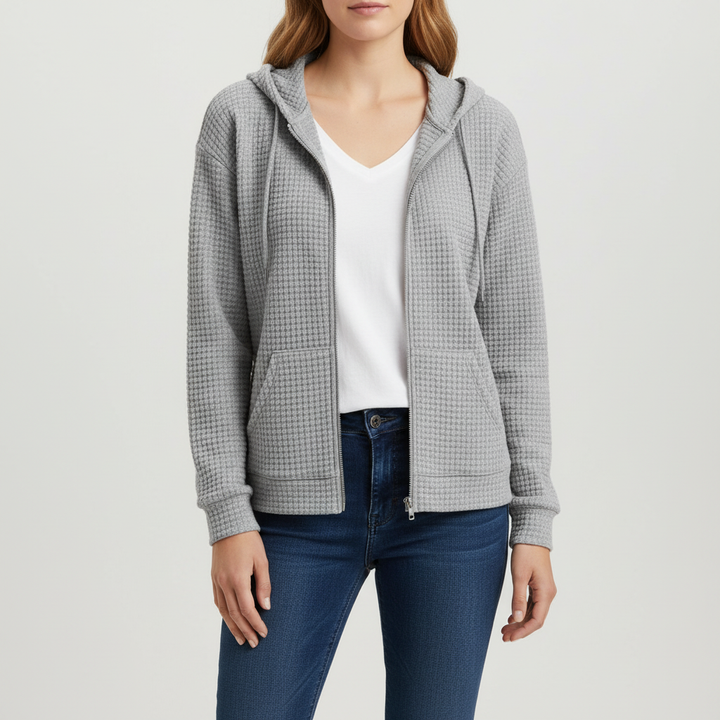 Close-up of women's 'Claudia' casual zip-up jacket, showcasing drawstring detail and cotton blend fabric