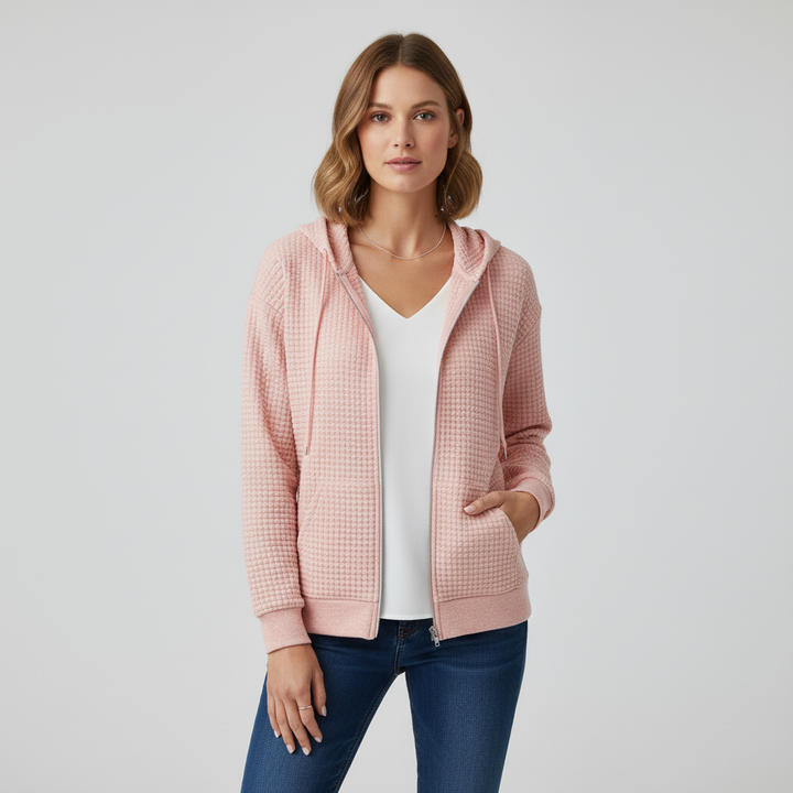 Back view of women's 'Claudia' casual jacket, highlighting a drawstring for adjustable fit, cotton blend