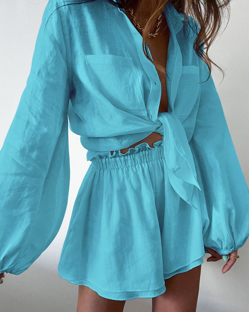 Comfortable women's Celeste linen blend summer loungewear, featuring a loose top and matching shorts.