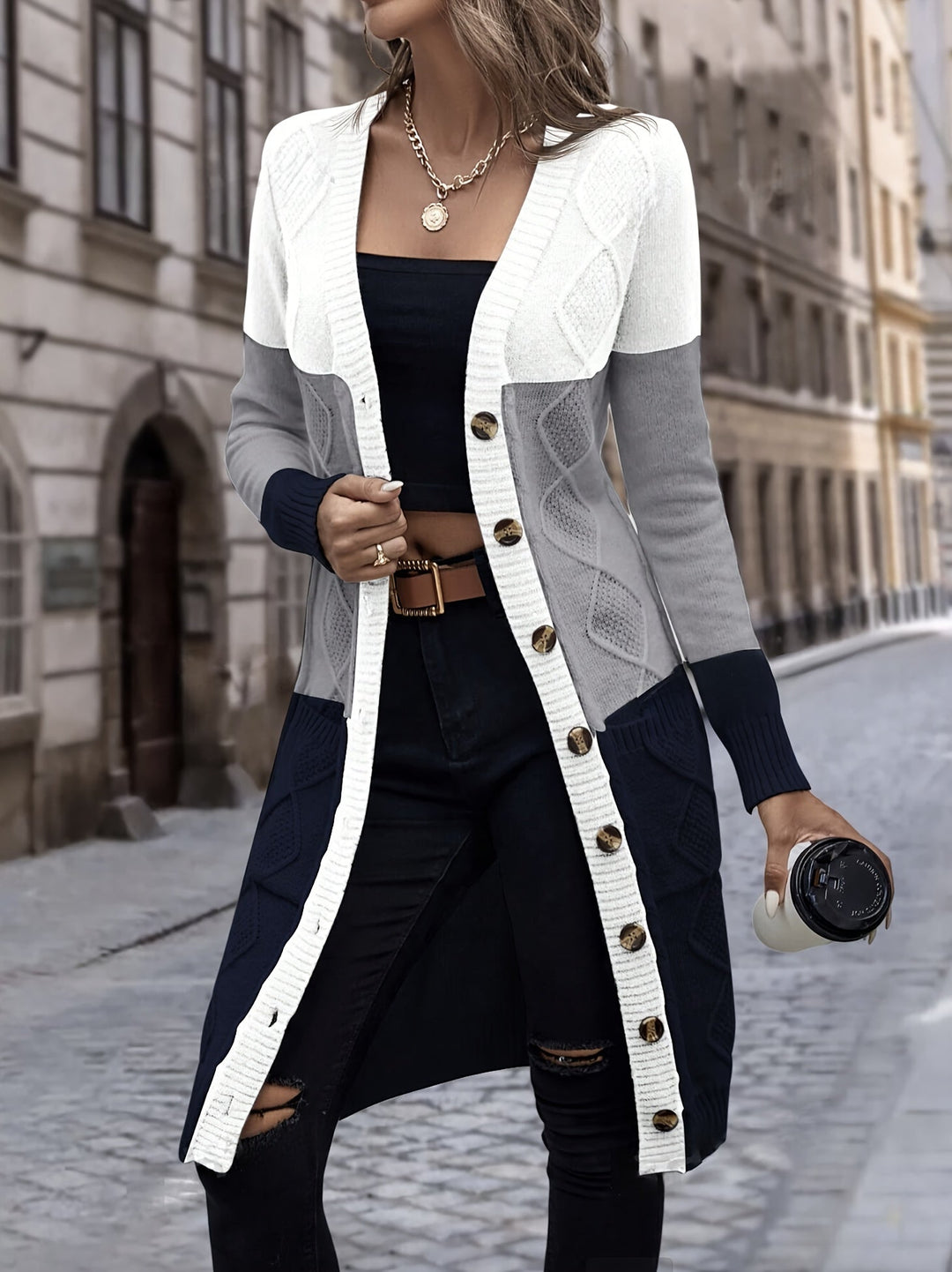 Women's Celeste long sleeve acrylic cardigan vest. Soft, stylish, perfect for spring or autumn layering.