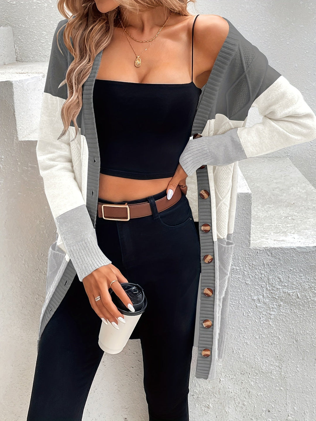Stylish Celeste women's cardigan vest. Soft acrylic, long sleeve, ideal for spring & autumn layering.