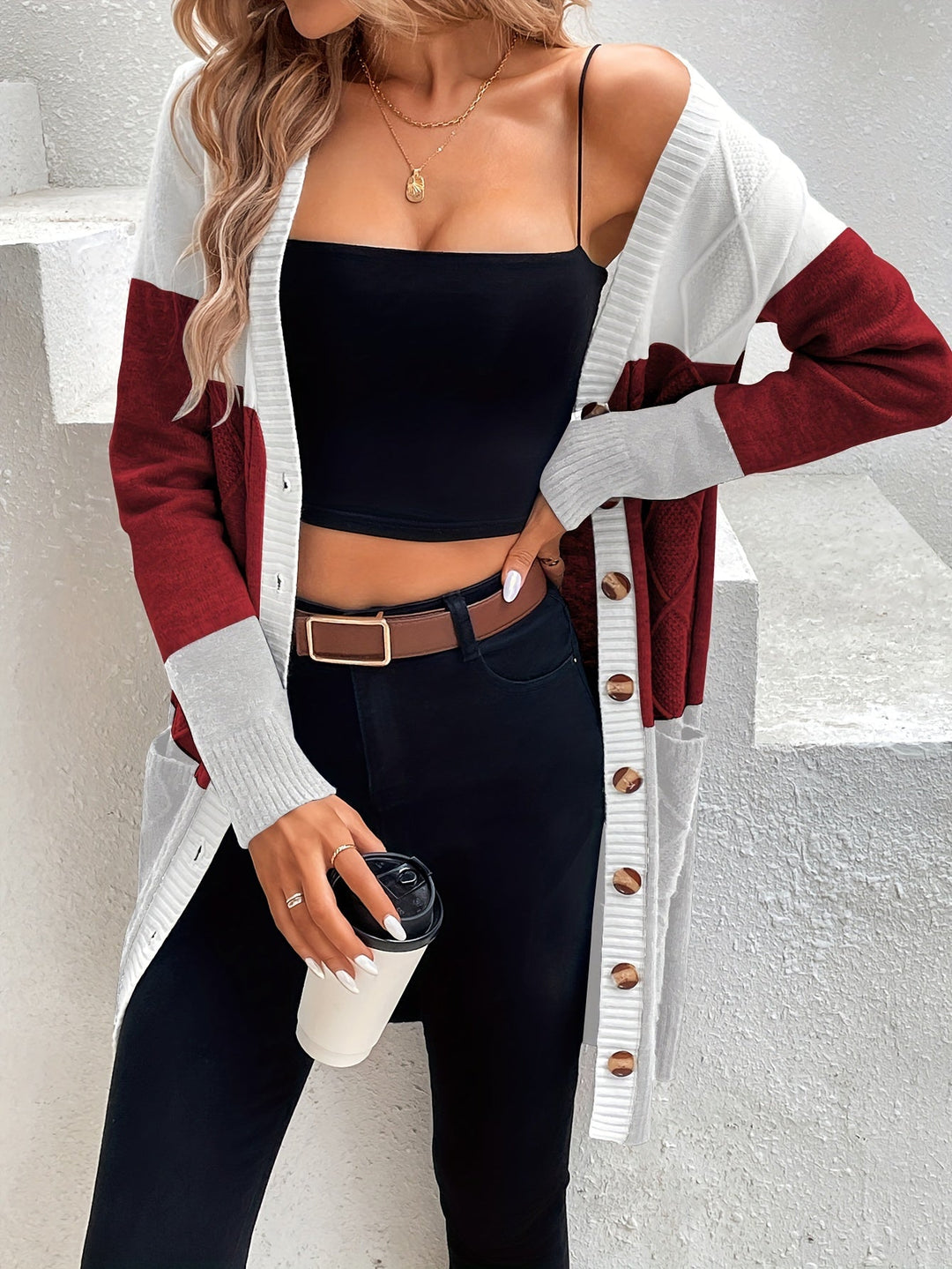 Stylish women's Celeste blue long sleeve cardigan. Soft acrylic vest, perfect for spring layering.