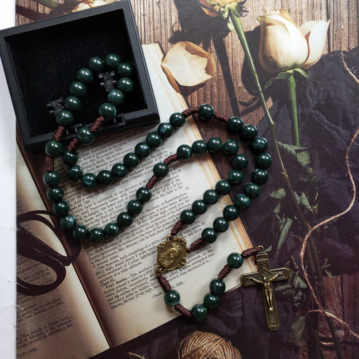 Women's Celeste moss agate rosary necklace with holy medal & cross pendant. Spiritual gemstone jewelry.