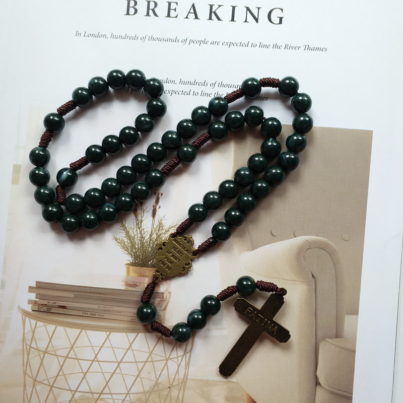 Elegant moss agate rosary necklace for women featuring a detailed holy medal and cross. Faith accessory.