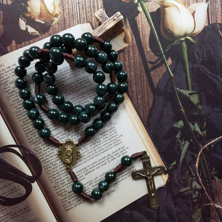 Celeste style women's rosary necklace with natural moss agate beads, a spiritual cross, and holy medal.