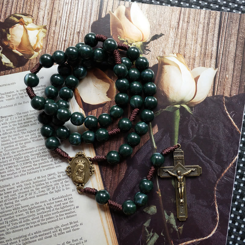 Religious women's necklace: moss agate rosary with a holy medal & unique cross pendant for faith.