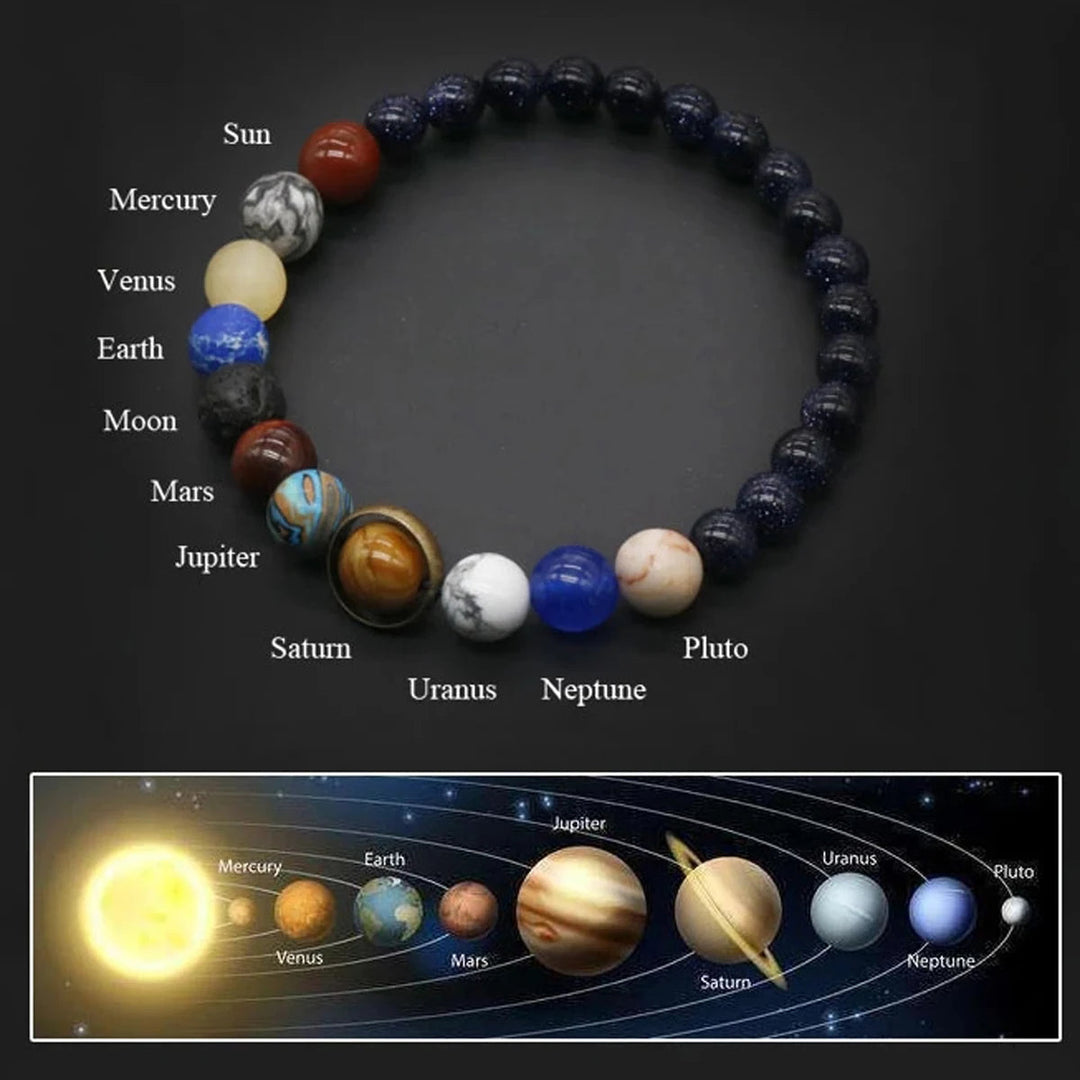 Elegant women's celestial planet bead bracelet, featuring solar system design. Perfect universe jewelry gift.