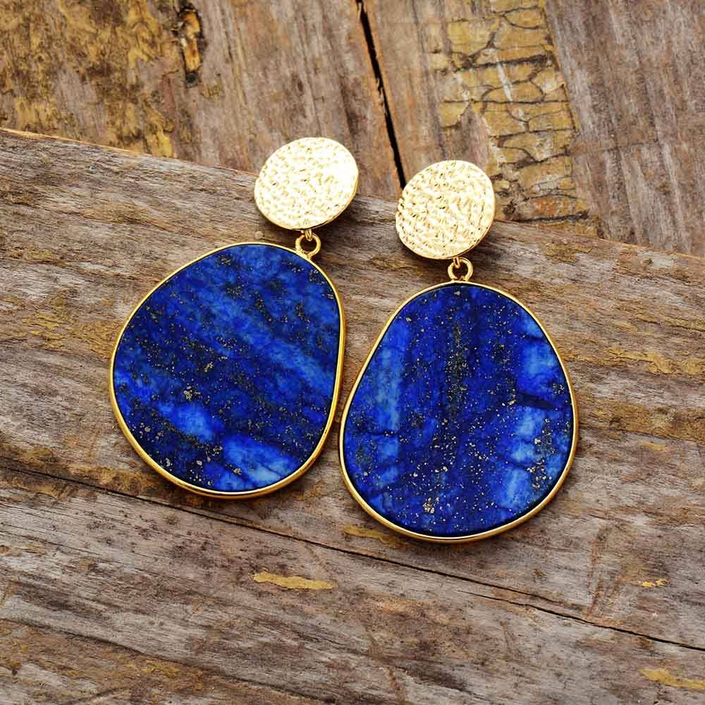 Women's celestial lapis lazuli drop earrings, handmade gemstone jewelry with spiritual protection.