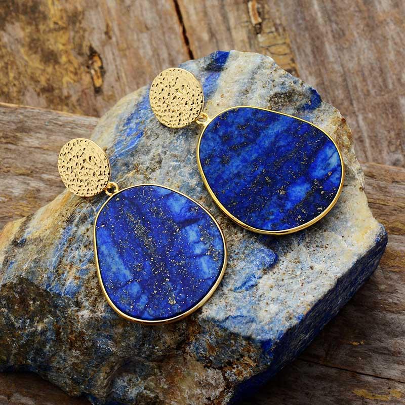 Deep blue lapis lazuli celestial drop earrings, women's gemstone jewelry for spiritual wear.
