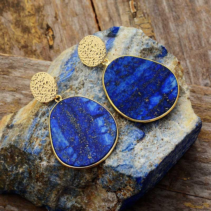 Deep blue lapis lazuli celestial drop earrings, women's gemstone jewelry for spiritual wear.