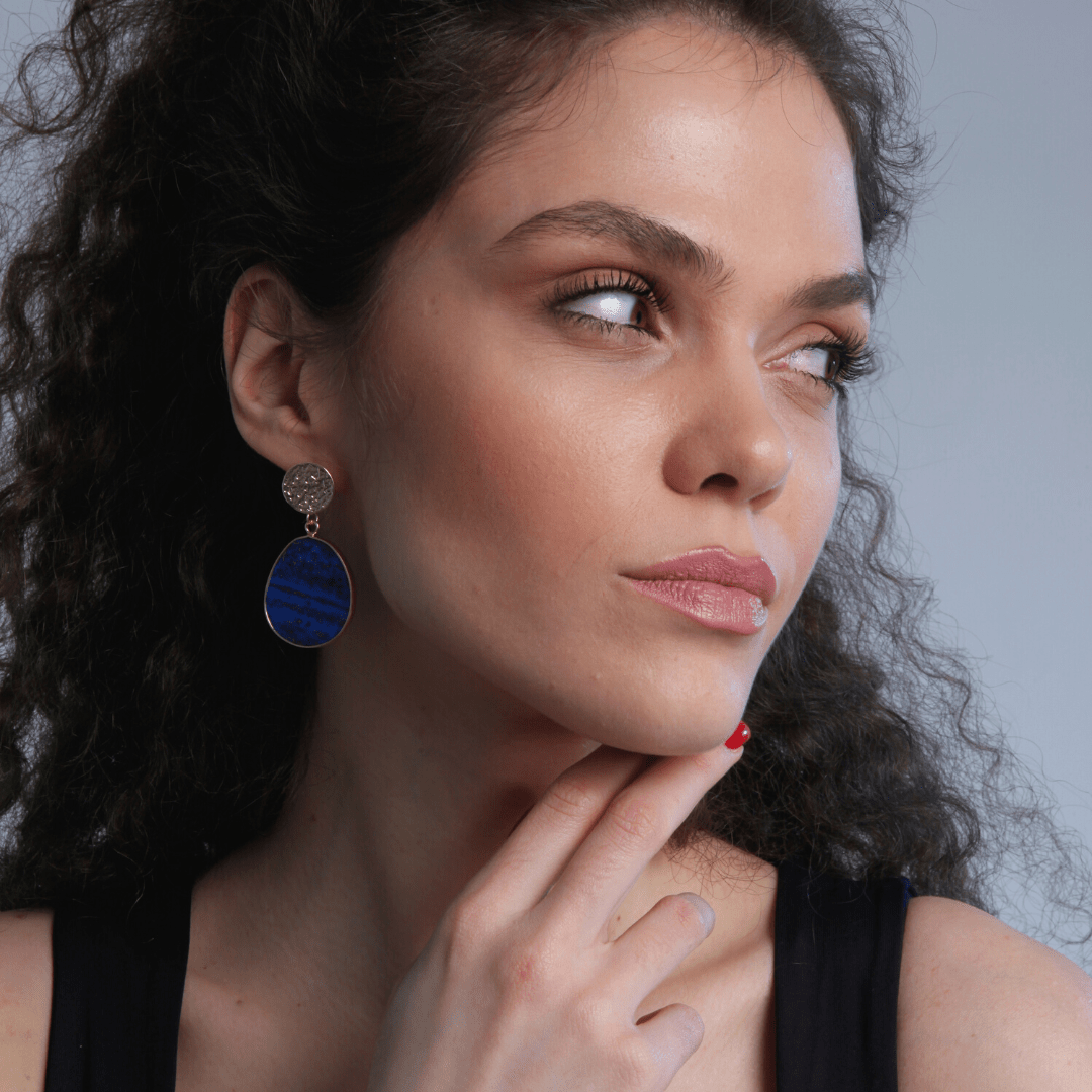 Elegant handmade lapis lazuli drop earrings for women, celestial gemstone jewelry.