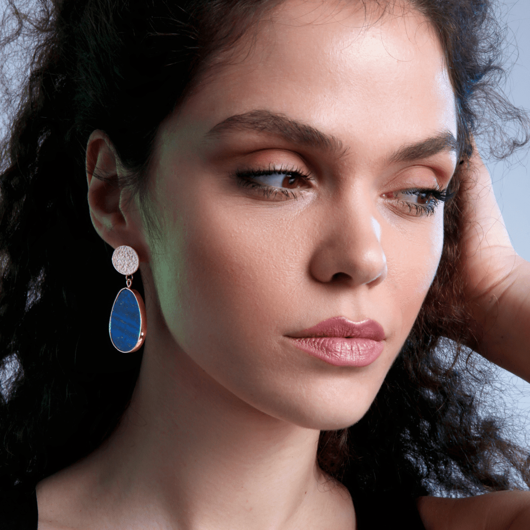 Protective celestial drop earrings for women, handcrafted with natural lapis lazuli gemstones.