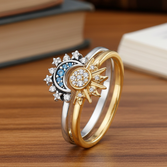 Women's Celestial Sun & Moon Ring with sparkling crystal accents, elegant jewelry.